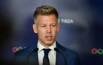 Hungarian Foreign Minister Peter Szijjarto at a press conference discussing veto on negotiations with Ukraine