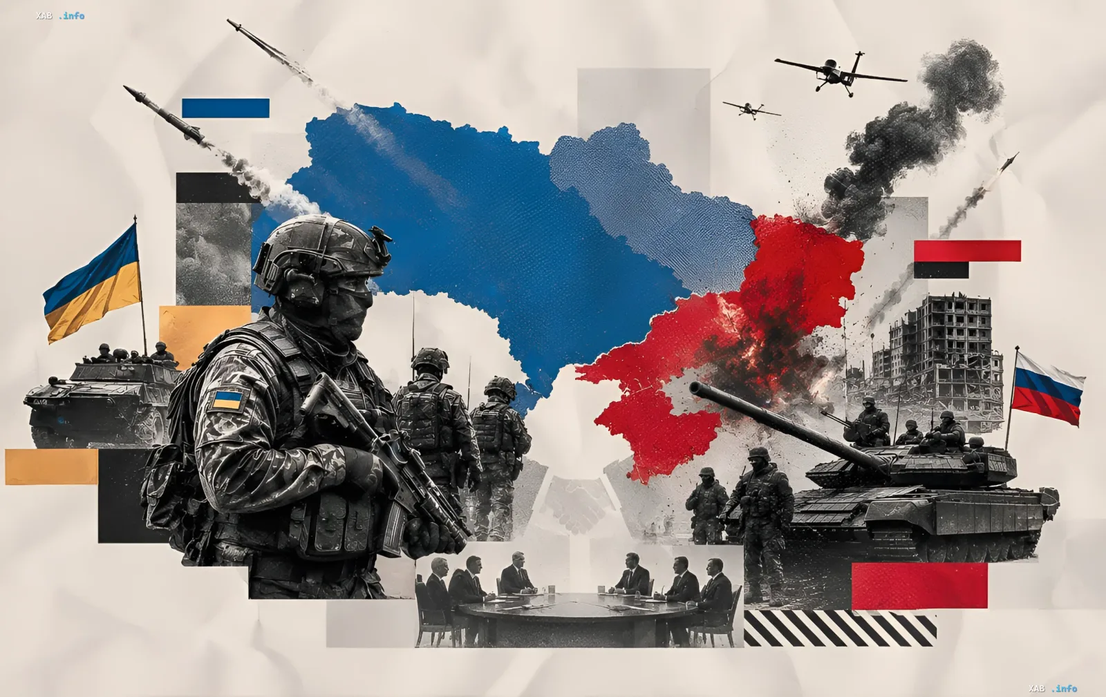 Коллаж, иллюстрирующий решающую фазу войны: украинские и российские военные, танки, ракеты и карта с зонами конфликта