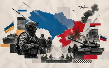 Коллаж, иллюстрирующий решающую фазу войны: украинские и российские военные, танки, ракеты и карта с зонами конфликта