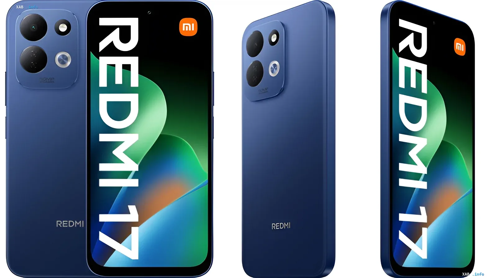 Смартфон Xiaomi Redmi 17 4G у синьому кольорі: вигляд спереду та ззаду, екран з логотипом Redmi 17 і модуль камер