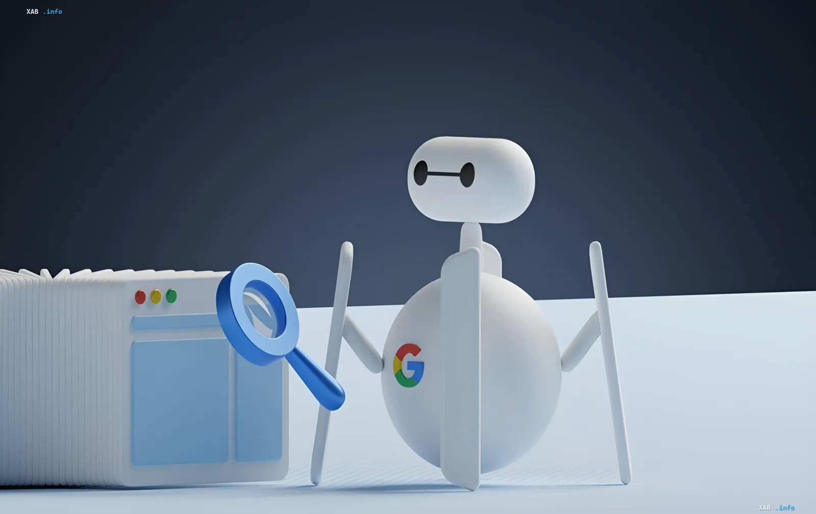 ИИ-бот с логотипом Google исследует веб-страницу с помощью увеличительного стекла, символизируя уязвимость в ИИ-ботах