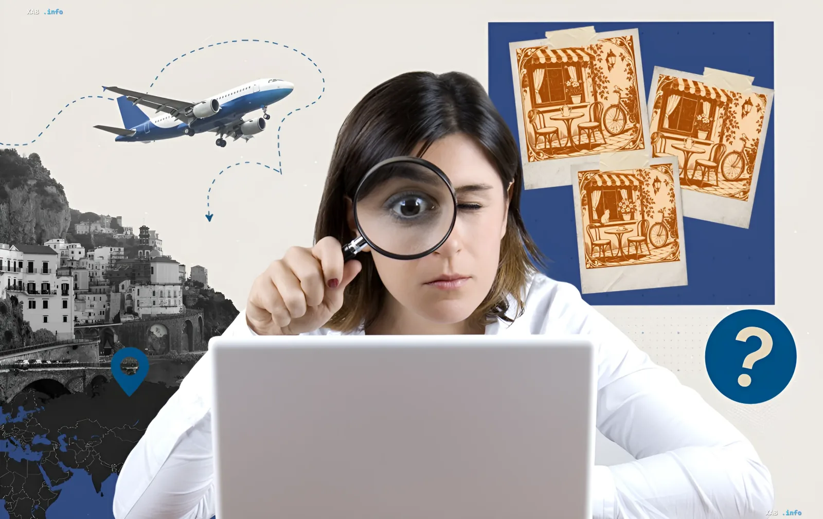 Woman with magnifying glass searching for differences in cafe photos, airplane, cityscape and world map nearby: attention test