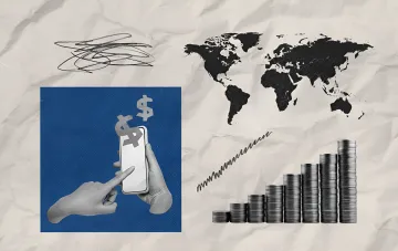 График роста стопки монет, карта мира и смартфон с долларами — иллюстрация к новости о курсе доллара и евро 6 августа