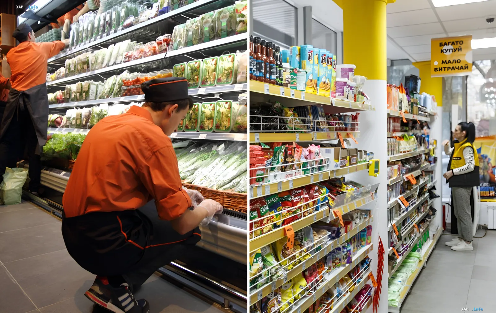 Supermarket staff in orange uniforms stocking refrigerated shelves and checking inventory — visual illustration for an article on supermarket secrets, fines, cleanliness, and hotlines from former employees