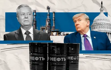 Коллаж с Линдси Грэмом и Дональдом Трампом на фоне нефтеперерабатывающего завода и баррелей нефти с надписью 'НЕФТЬ', символизирующий санкции против российской энергетики