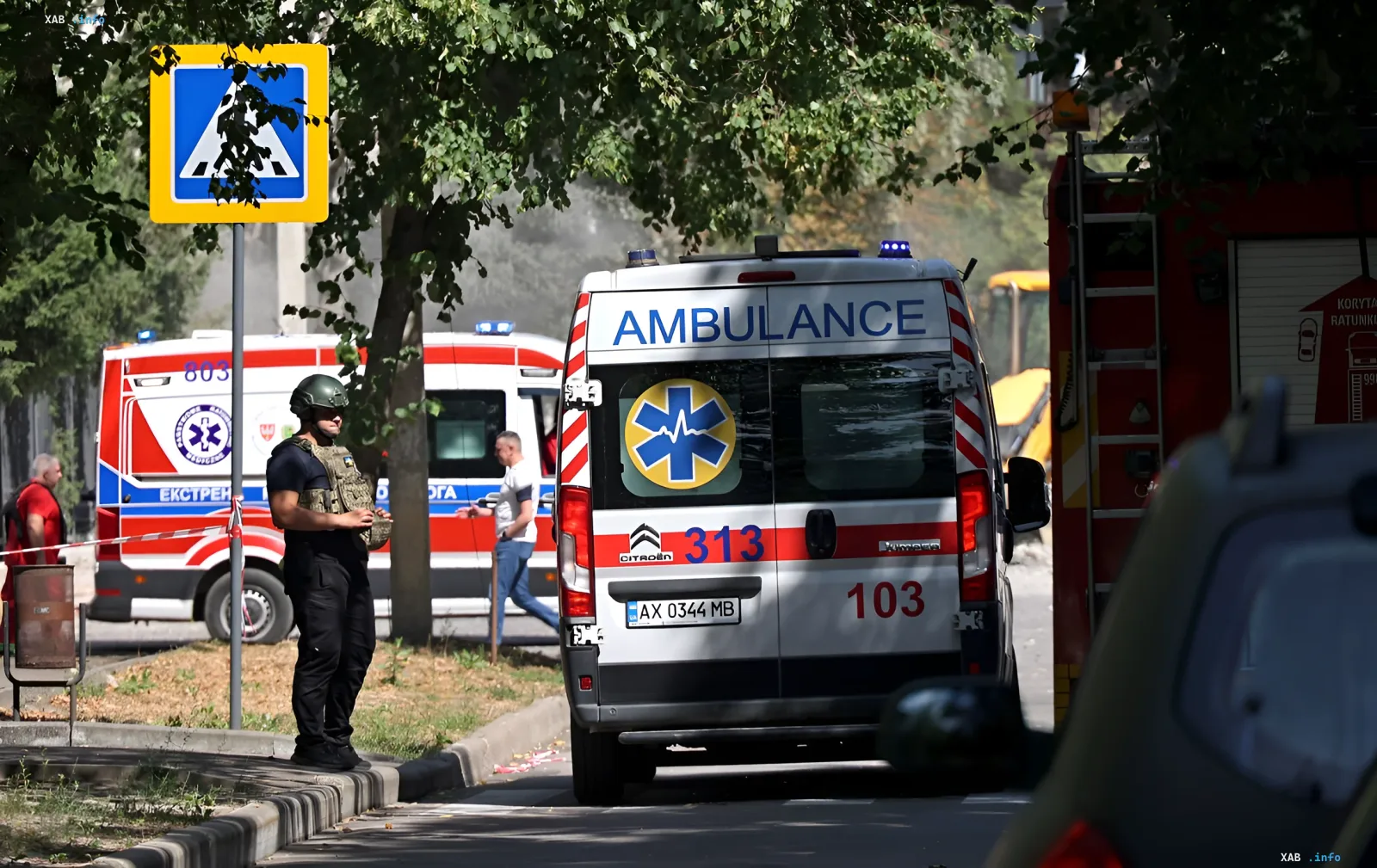 Emergency services and police at the site of the strike on logistics centers in Brovary district, Kyiv region