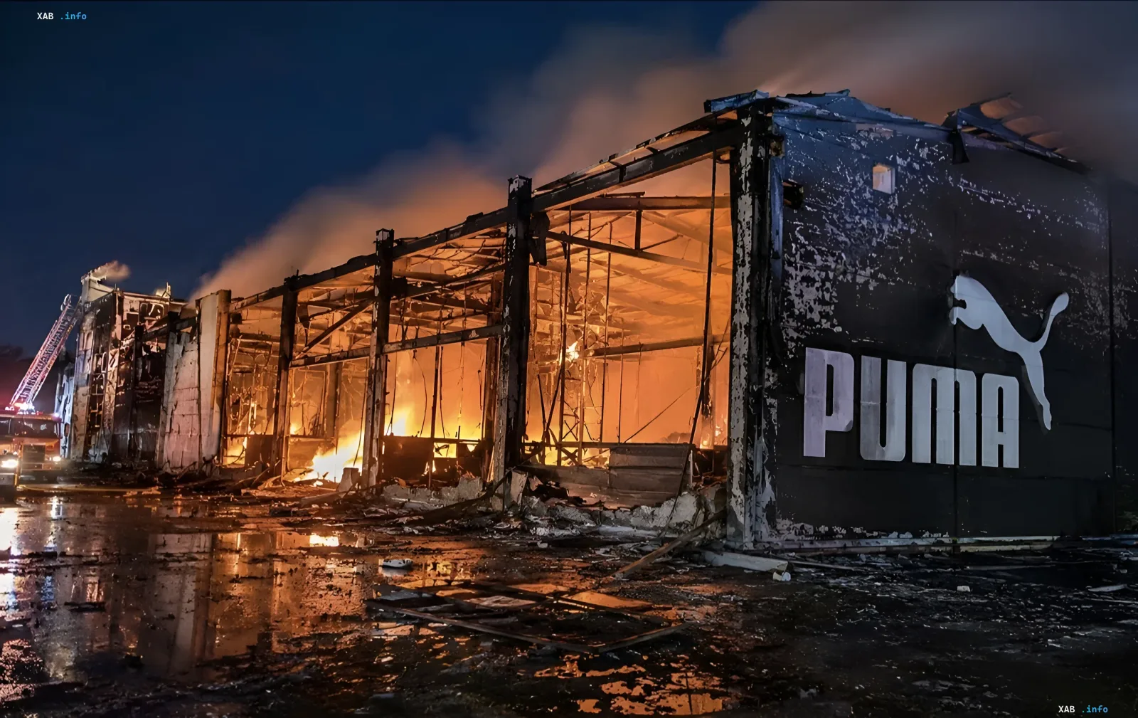 PUMA Logistikzentrum in der Ukraine nach einem massiven Angriff: Gebäude in Flammen, Zerstörungsnachwirkungen und Produktknappheit