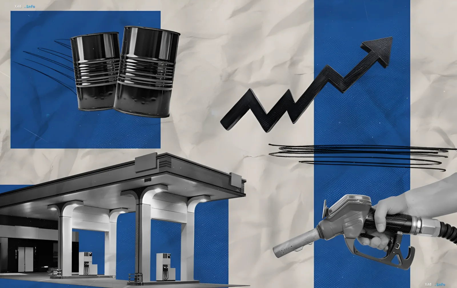 Коллаж с бочками нефти, заправочной станцией и графиком роста цен, иллюстрирующий расследование АМКУ о рекордных ценах на топливо в Украине