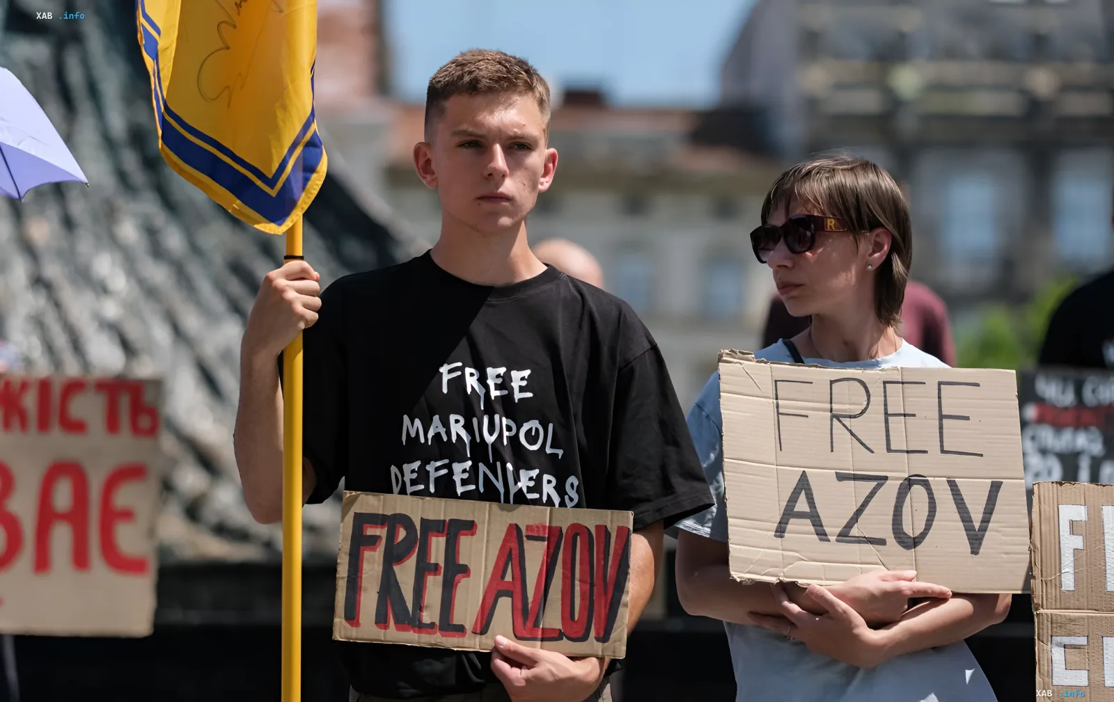 Protest with signs reading 'Free Azov' and 'Free Mariupol Defenders': participants demand release of Azov fighters sentenced on fabricated charges