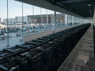 Серверная ферма Amazon с мощными вычислительными системами для ИИ, символизирующая инвестиции Джеффа Безоса в технологии