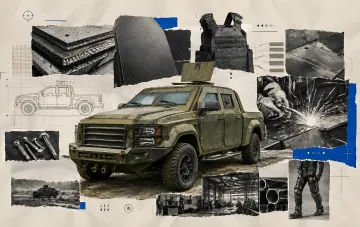 Kollage, die die Evolution des Schutzes illustriert: Ukrainische Schutzweste, gepanzertes Pickup-Fahrzeug, technische Zeichnungen und Produktionsprozess – Anpassung an Drohnenbedrohungen