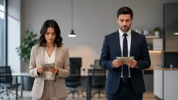 Businessman and businesswoman counting money in an office, illustrating the gender pay gap in 2025