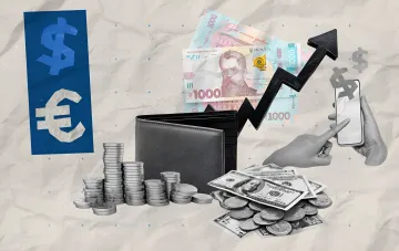 Kollage mit Wechselkursen: Dollar und Euro, ukrainische Griwna, steigender Graph und Währungsumtausch am Handy