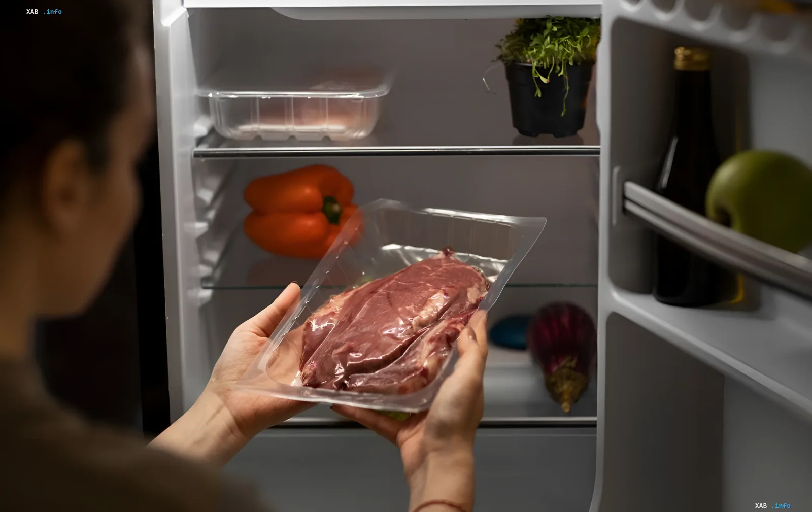 Woman holding a package of fresh meat in front of an open refrigerator, emphasizing the importance of proper food storage during summer