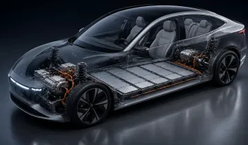 Schematische Darstellung eines Elektroautos mit sichtbarer Batterie und Leistungsbauteilen, die das Potenzial eines neuen Katalysators zur 10-fachen Reichweitensteigerung veranschaulicht