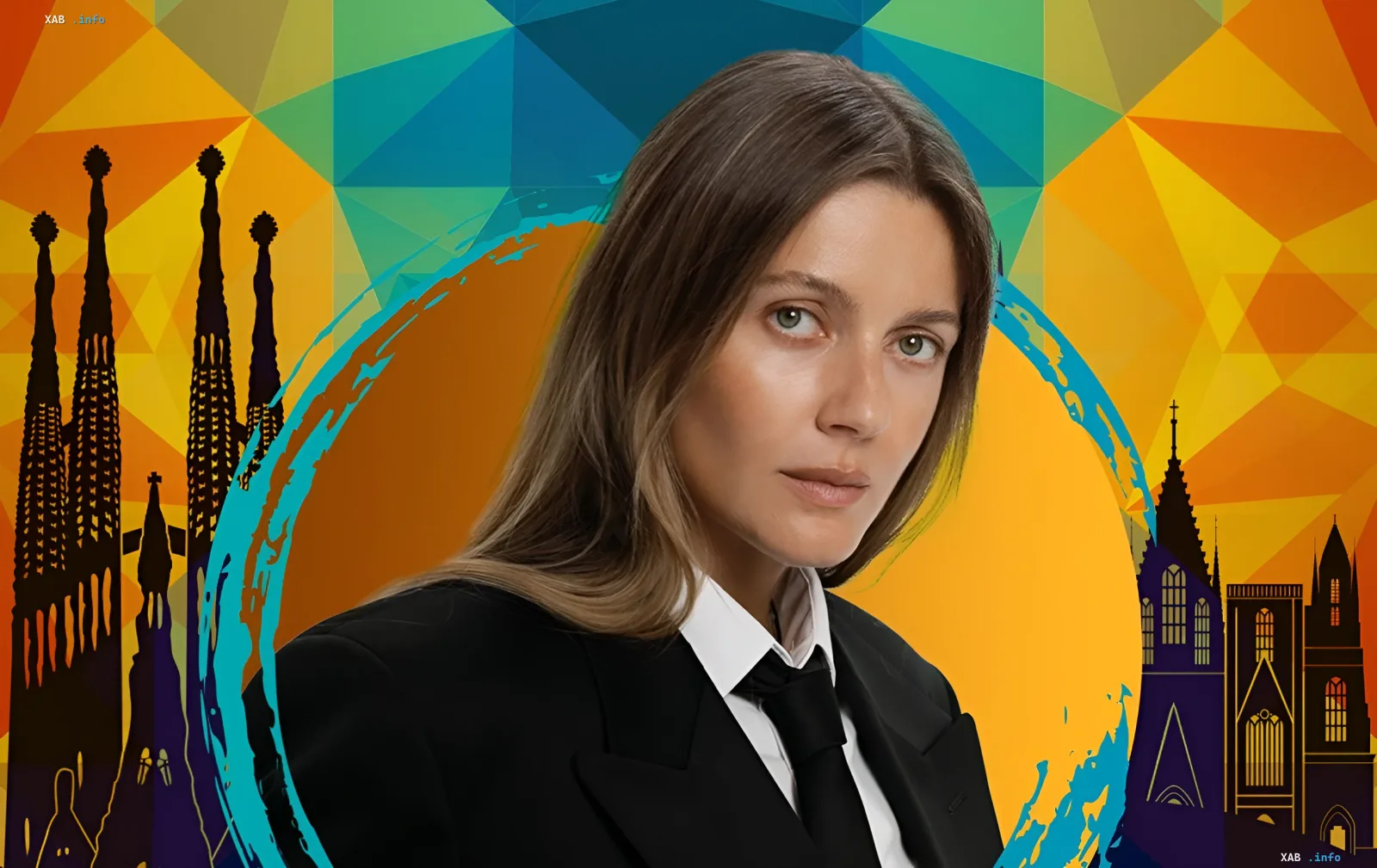 Ukrainische Sängerin im Business-Anzug vor stilisierter Barcelona-Skyline mit Kathedral-Silhouetten — Symbol von PROSTIR FEST, das Musik und Wohltätigkeit vereint