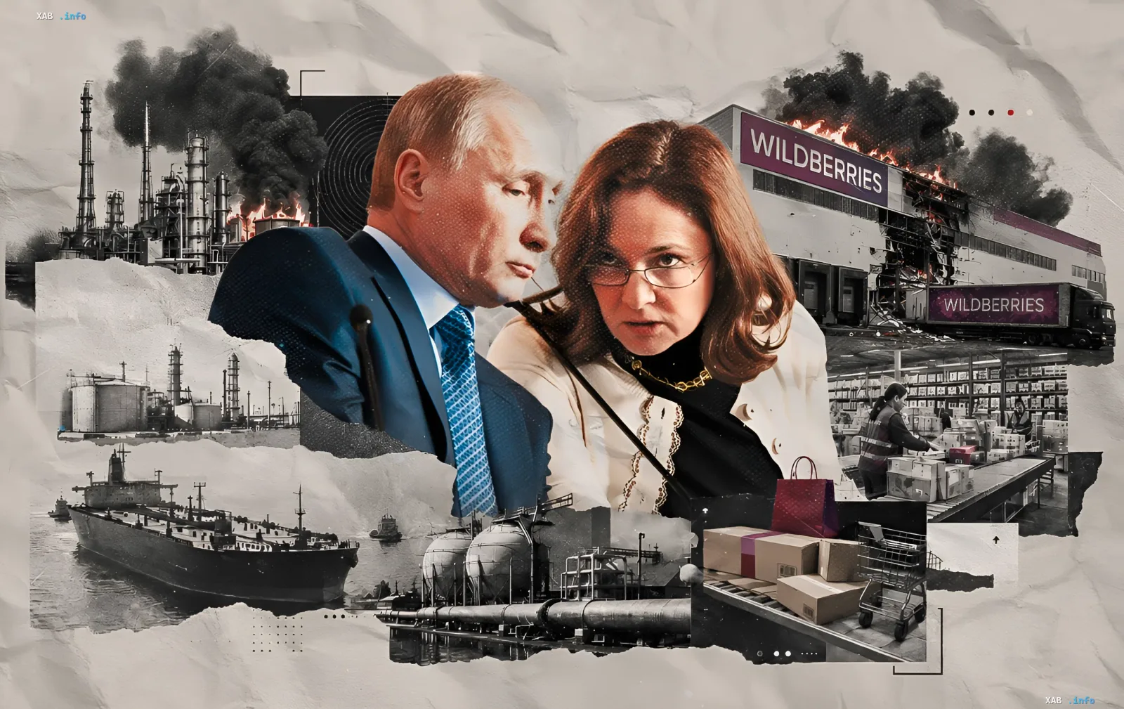 Kollage mit Putin und Titova vor brennenden Raffinerien, Tanker und Wildberries-Lager, das die Wirtschaftskrise in Russland symbolisiert