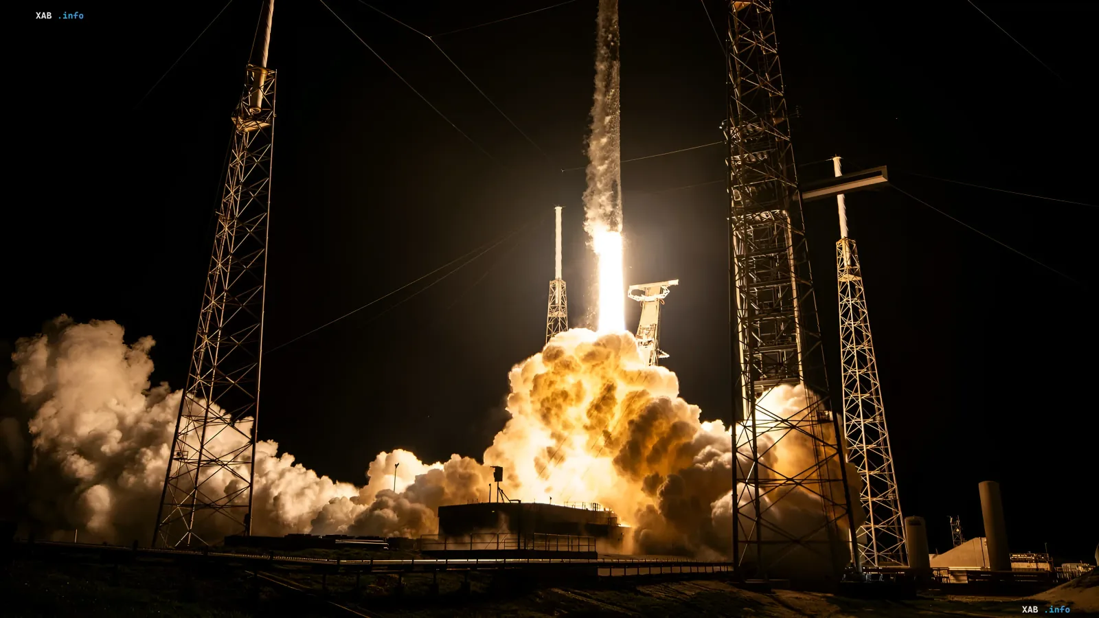 Night launch of SpaceX Falcon 9 rocket from the launch pad carrying AST SpaceMobile satellites for direct smartphone internet access