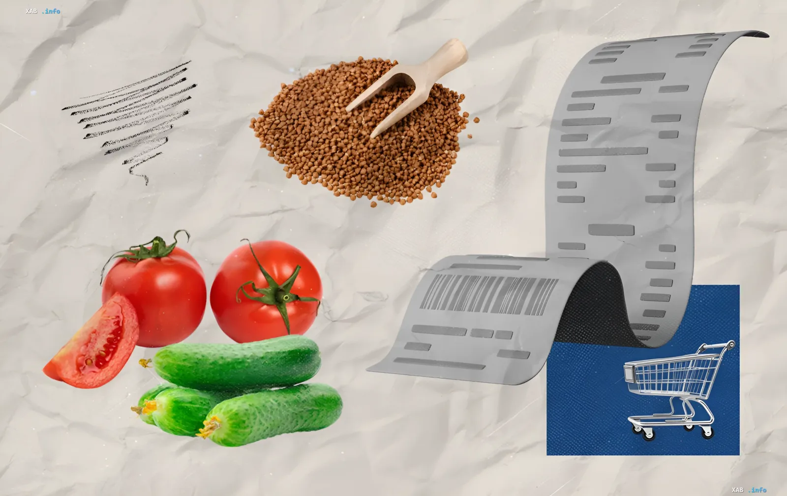 Buckwheat, tomatoes, cucumbers and a receipt with barcode on crumpled paper background — illustration for news about new food prices in Ukrainian supermarkets