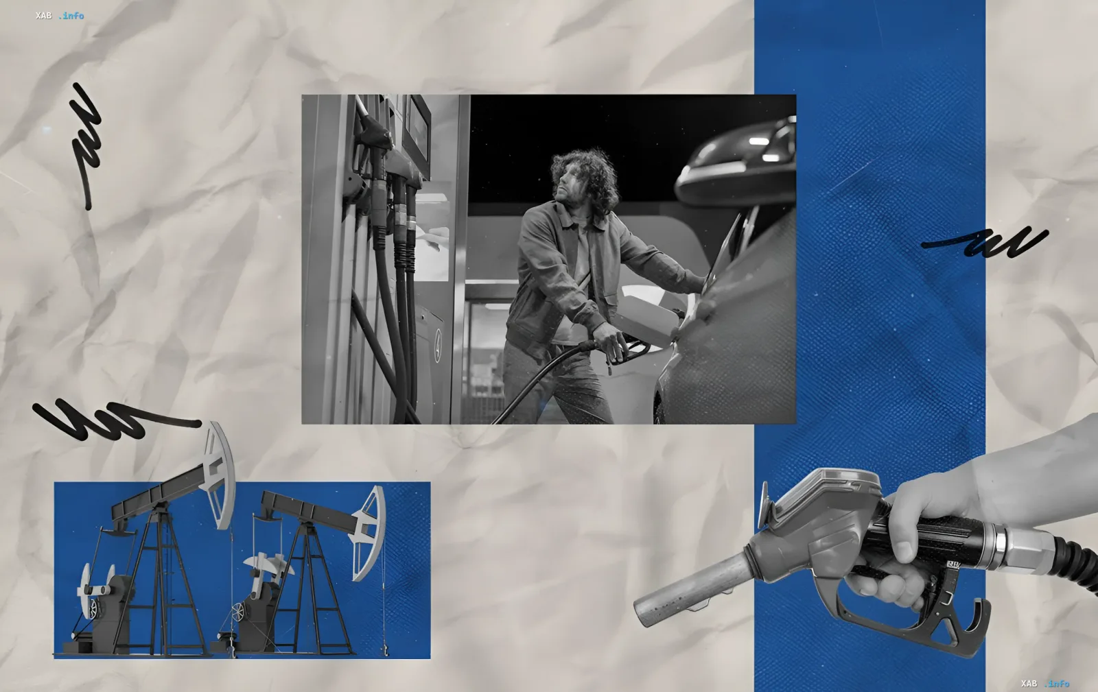 Collage: Tanken eines Autos, Ölpumpen und Zapfpistole – Illustration zur Stabilität der Kraftstoffpreise in der Ukraine und Preisspanne zwischen Tankstellenketten