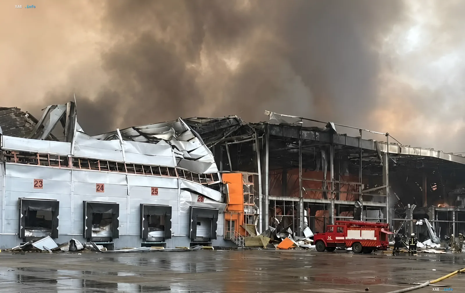 Destroyed Bosch warehouse in Ukraine after Russian attack with fire and fire truck in the background
