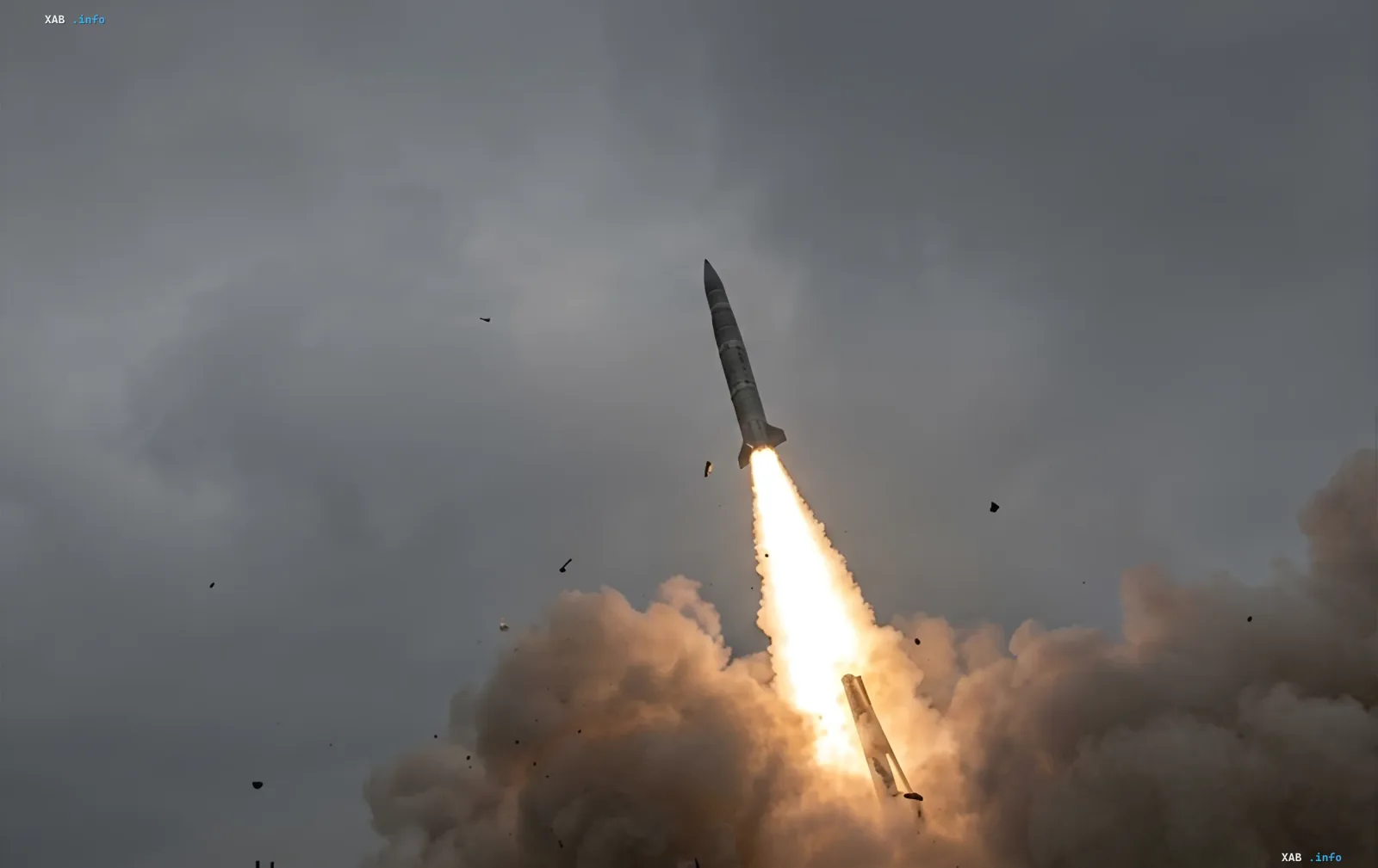 Launch of the Ukrainian ballistic missile FP-7 with a bright fiery trail against the clouds