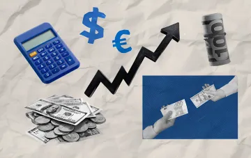 Wachstumsdiagramm der Währung, Dollar- und Euro-Symbole, Stapel von Bargeld-Dollars und Euros, Taschenrechner, Hände tauschen Dollars gegen Euros — Illustration des Anstiegs der Währungskosten in der Ukraine