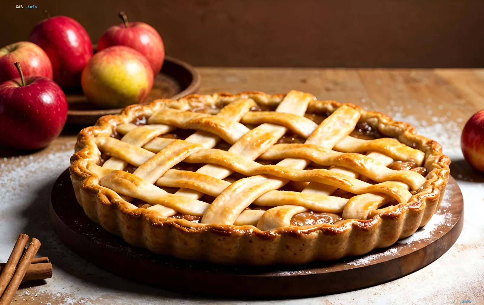 Perfekter Apfelkuchen mit geflochtenem Deckteig, gebacken nach einem alten Rezept von 1984, auf einem Holzbrett mit roten Äpfeln und Zimtstangen im Hintergrund