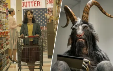 Сплит-скрин: девушка с тележкой в супермаркете (сериал «Озарк») и демон с рогами (сериал «Американская история ужасов»), иллюстрирующие подборку страшных сериалов