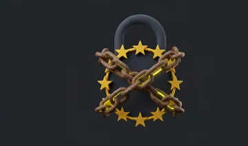 Schloss mit Kette und EU-Sternen, das die Herausforderungen des Beitritts der Ukraine zur Europäischen Union symbolisiert
