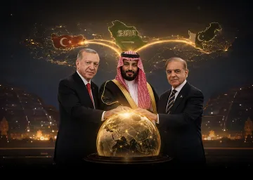 Der türkische Präsident Erdoğan, der saudische Kronprinz Mohammed bin Salman und der pakistanische Premierminister Scheich Hassan halten gemeinsam einen leuchtenden Globus, der das neue strategische Bündnis 'Mekkanischer Schild' gegen den Iran symbolisiert.