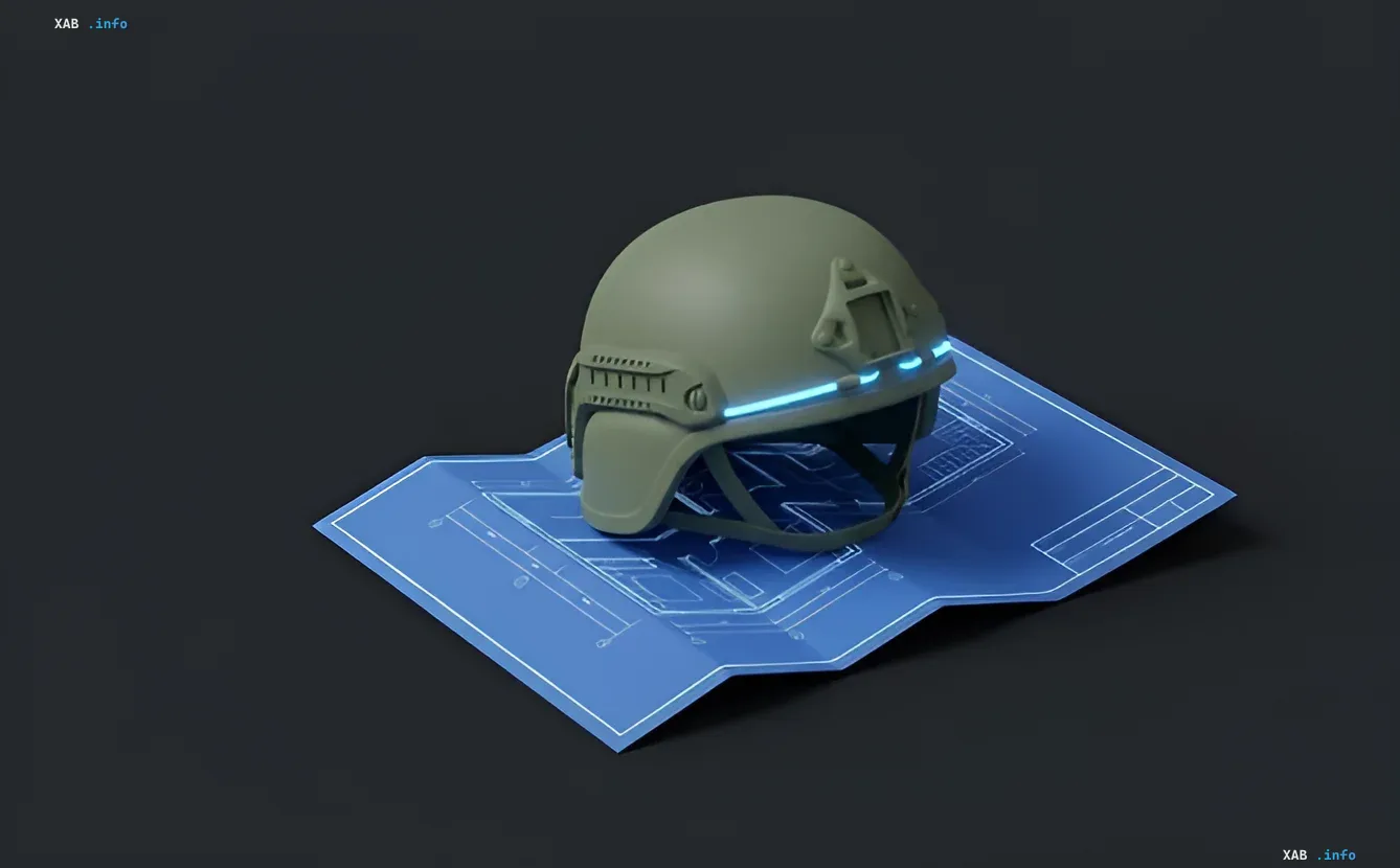 3D model of a military helmet on a blueprint background, symbolizing Trump's plans to create a military base in Gaza instead of peace projects