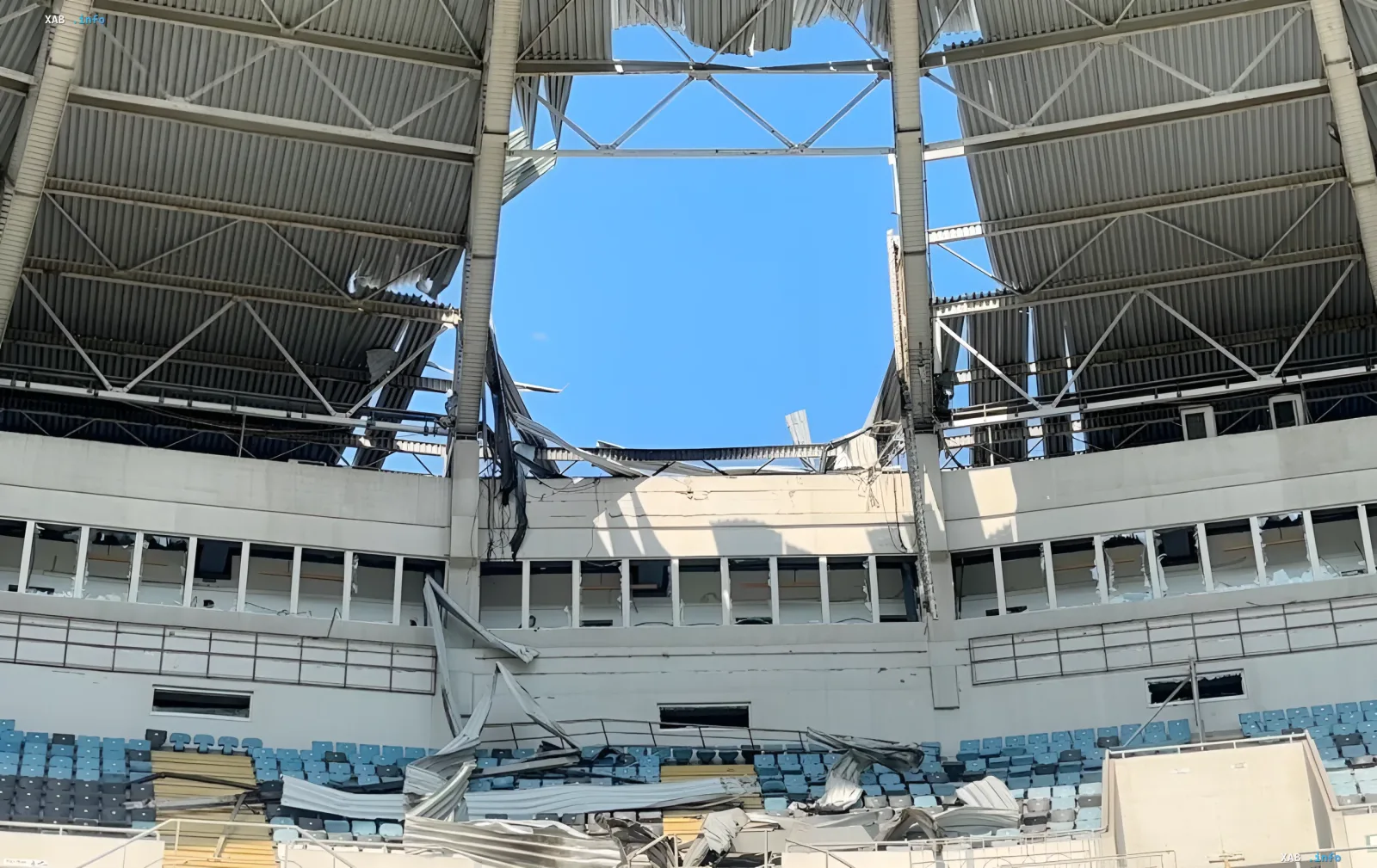 Destroyed Chornomorets stadium after missile strike: damaged roof and stands