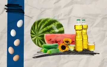Коллаж с яйцами, арбузом, огурцами, подсолнечным маслом и цветами, иллюстрирующий цены на продукты в Украине 7 августа 2026 года