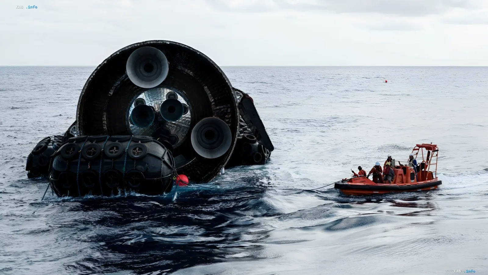 Schleppung des überlebenden Starship Ship 40 im Indischen Ozean: ein orangefarbenes Rettungsschleppboot zieht einen riesigen schwarzen Raketenkörper mit sichtbaren Triebwerken, umgeben von Wellen und Rettungsringen