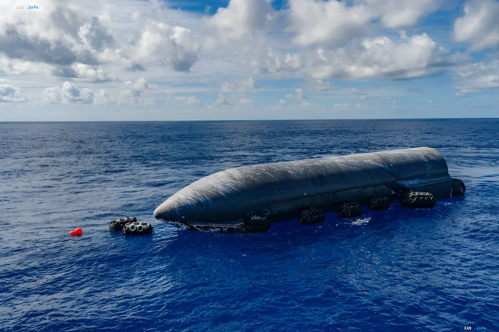 Starship Ship 40 in the Indian Ocean: Towing Challenges After a Storm Surviving Starship Ship 40 prototype in the Indian Ocean, surrounded by floats, ready for towing after a storm