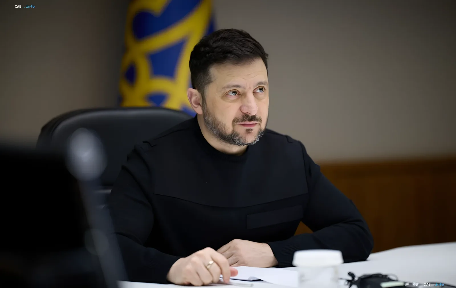 Ukrainian President Volodymyr Zelenskyy at his desk discussing the strategy for defending Donbas in 2026