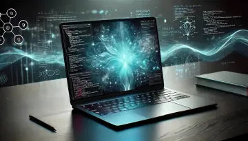 Laptop mit KI-Visualisierung und Code, der die Tests von KI für die Sortierung von Notrufen in Louisiana symbolisiert