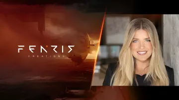 Ehemalige isländische Ministerin Aslaug Sigurbjörnsdóttir neben dem Logo von Fenris Creations