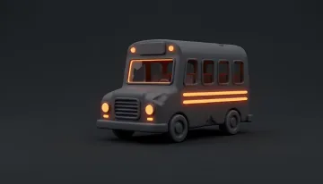 3D-модель школьного автобуса с включенными фарами, символизирующая инцидент с автобусом с детьми в Одессе