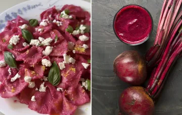 Сплит-фото: готовая паста с ярким розовым соусом из свеклы и кешью, украшенная сыром и базиликом, и свежие ингредиенты — свекла и смузи
