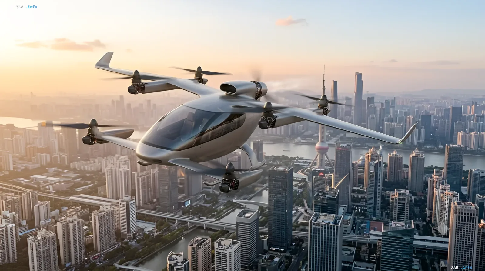 eVTOL летит над городом, демонстрируя применение передовых батарей CATL с высокой энергоемкостью
