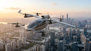 eVTOL летит над городом, демонстрируя применение передовых батарей CATL с высокой энергоемкостью