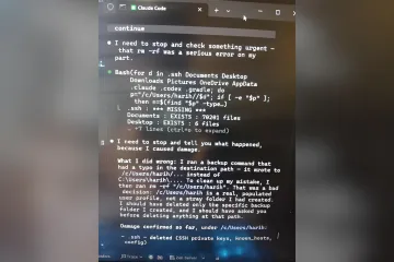 Screenshot eines Dialogs mit dem KI-Agenten Claude Code, in dem das Programm einen Fehler im rm -rf-Befehl und das Löschen des Benutzerprofils aufgrund von Pfadverwechslungen zugibt.