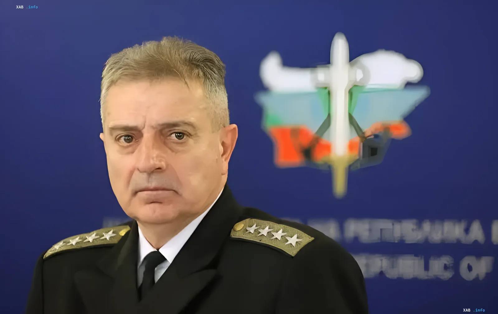 Admiral Eftimov in military uniform against the Bulgarian Navy emblem, commenting on the 'Maya' drone incident and gas pipeline explosion