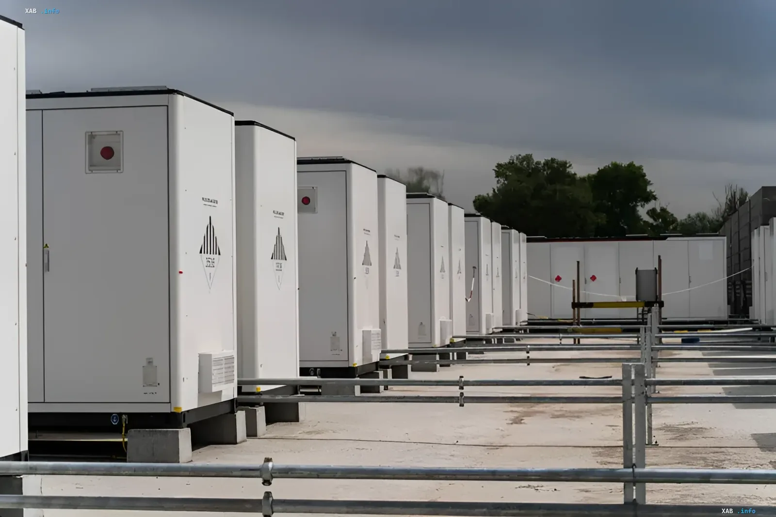 Row of industrial battery energy storage systems outdoors, ensuring grid stability as part of the energy transition