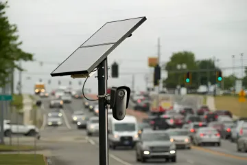 Flock Safety-Kamera mit Sonnenkollektor auf einer belebten Straße, die aufgrund eines Google KI-Fehlers vandalisiert wurde
