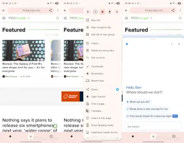 Screenshot des Google Chrome für Android-Interfaces mit geöffnetem Einstellungsmenü, in dem der neue Gemini-Button und die aktualisierte Navigation zu sehen sind
