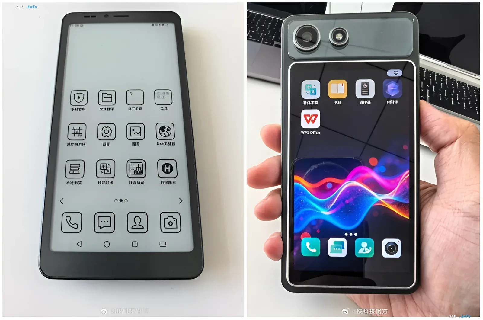 Hisense A10 smartphone with dual screens: monochrome E Ink display on the left and colorful OLED screen on the right