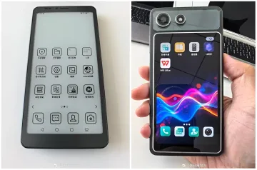 Hisense A10 smartphone with dual screens: monochrome E Ink display on the left and colorful OLED screen on the right